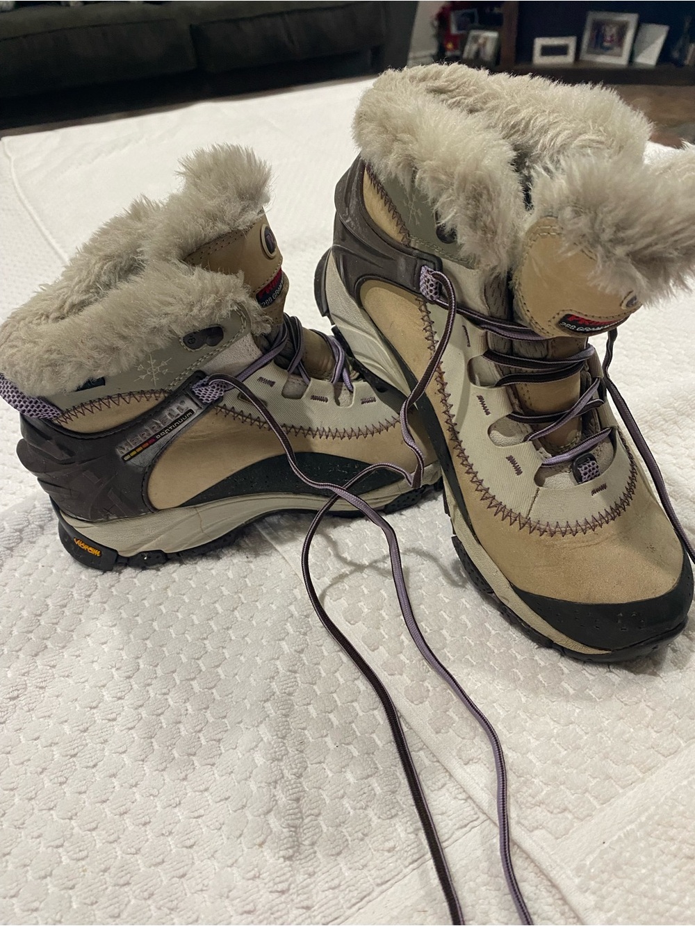 Vibram Beige and Brown Faux-Fur Trim Hiking Boots